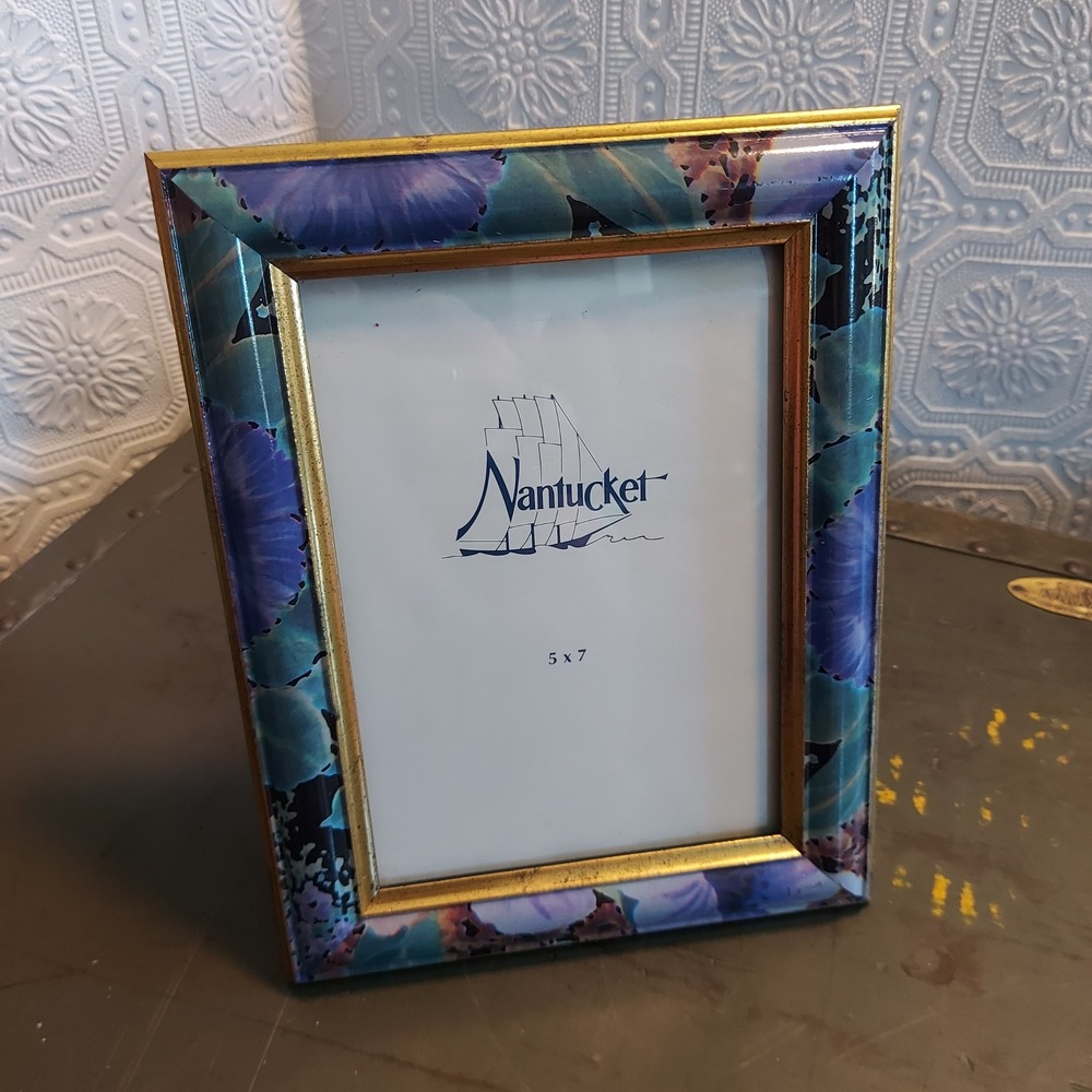 Nantucket Floral Picture Frame 5x7 Purple Teal Gold Trim Tabletop Decor